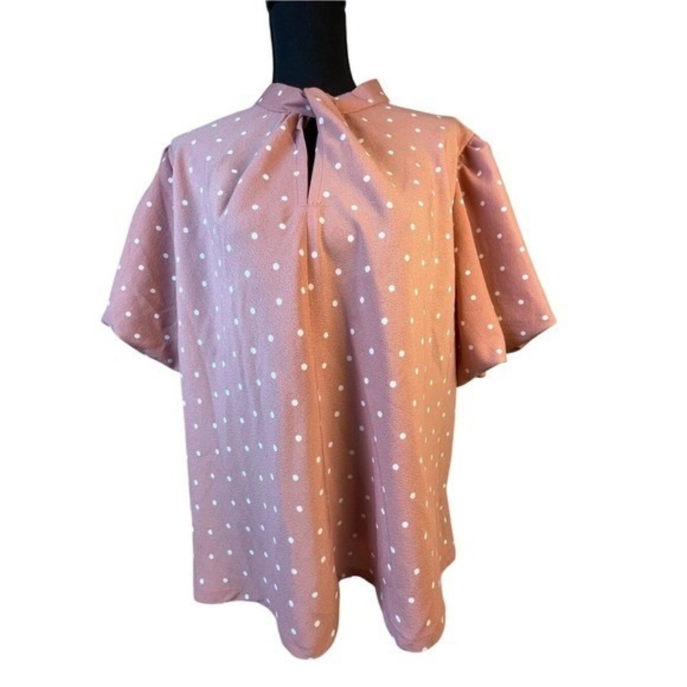 Liz Claiborne Polka Dot Blouse Dusty Rose, keyhole neckline & puffy sleeves 2XL